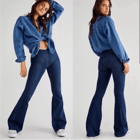 Free People Flare Jeans Sz 27 Penny Pull On Bell Bottoms Dark Wash Boho Western - Picture 1 of 6